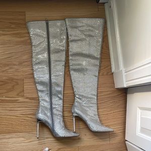 Steve Madden Women's Skyscraper Silver Stiletto Rhinestone Size 9.5 Boots